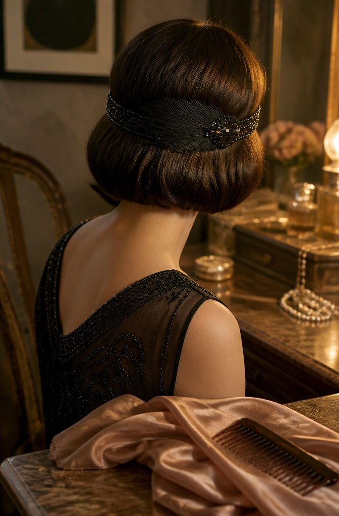 Flapper headband worn low across the forehead with beads and feathers