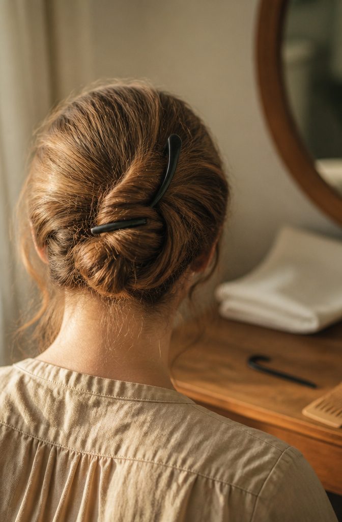 French pin placed through a bun with its end tucked near the scalp