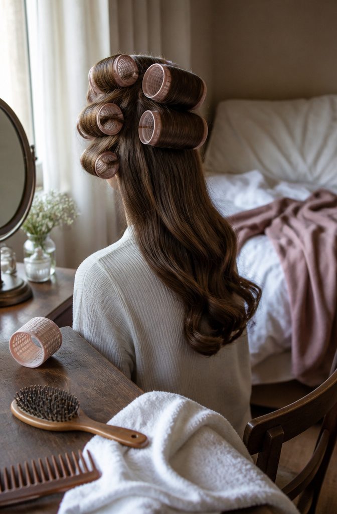 Velvet and satin rollers in hair with loose waves falling below them