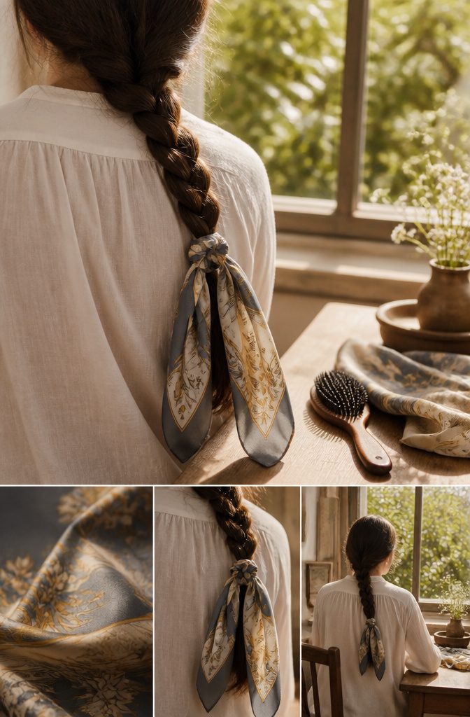 Silk scarf wrapped around hair beside oversized sunglasses