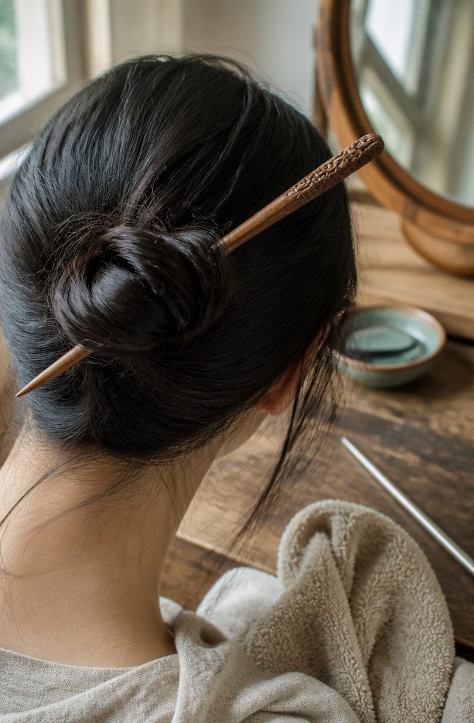 Hair sticks arranged to show the long, slender shapes used to secure an updo
