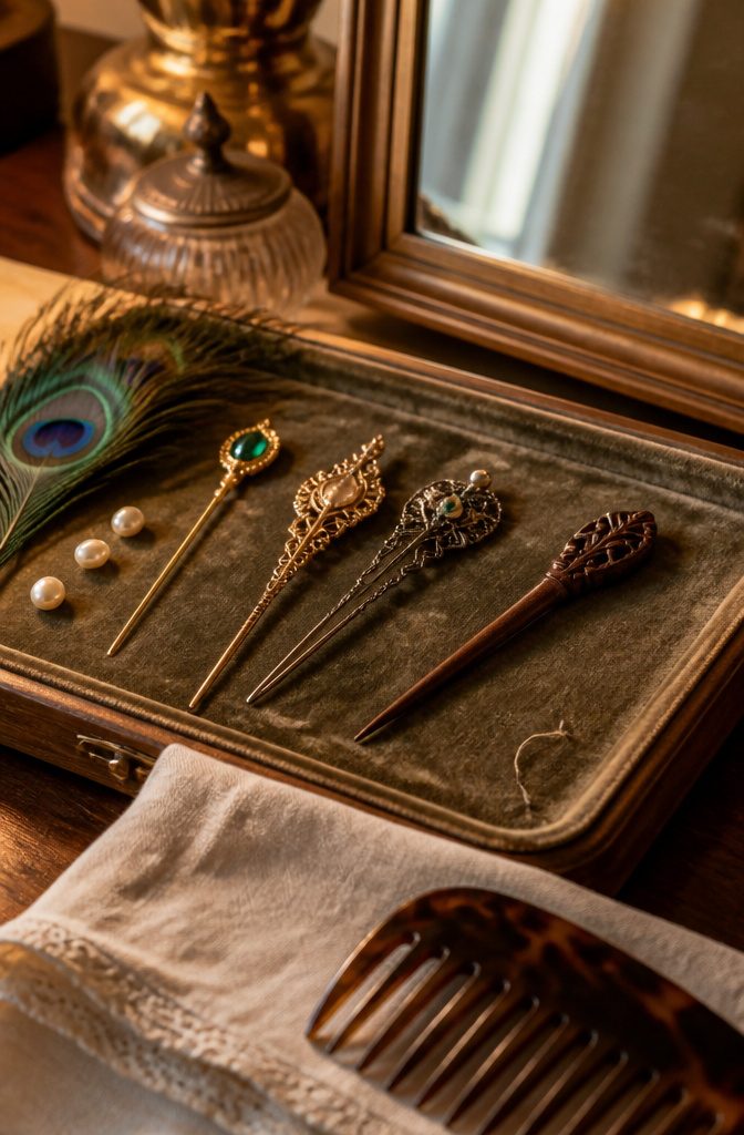 Gold emerald pin and silver filigree pin beside pearls, peacock feathers and a wooden pin