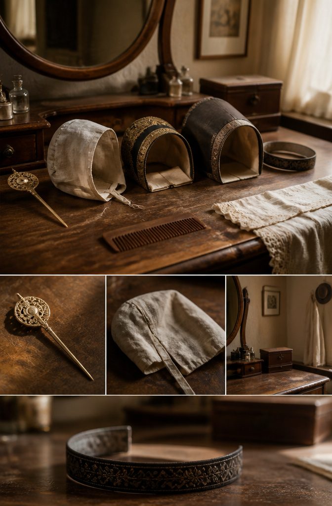 Historic hair styles and coverings shown across different eras