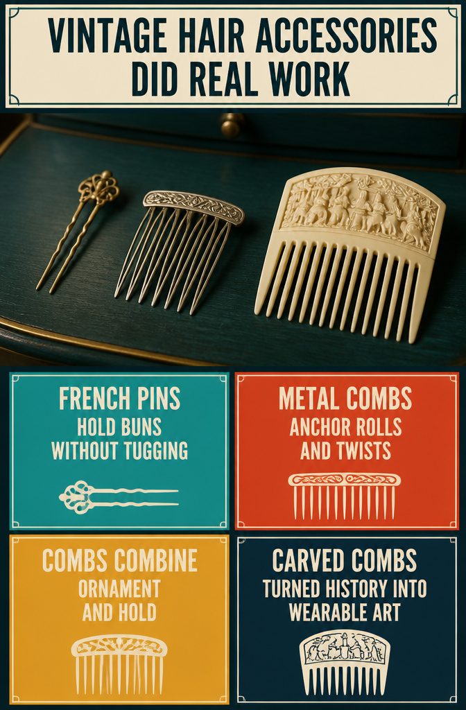 Vintage pins and decorative combs with carved and engraved details