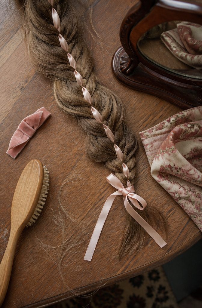 Velvet bows and long ribbons shown as hair decorations