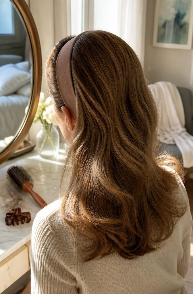 Wide soft headband worn behind raised crown hair with loose ends