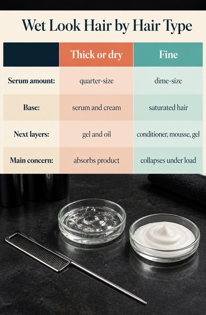 Hair products arranged for thick fine and curly hair types