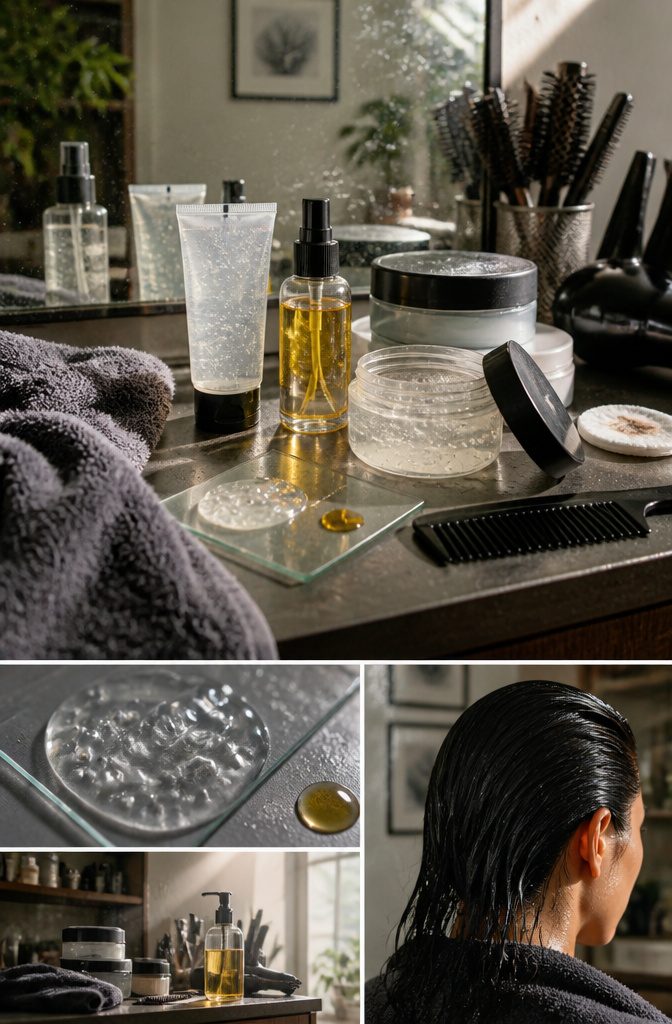 Hair gel and oil products for a glossy wet-look style