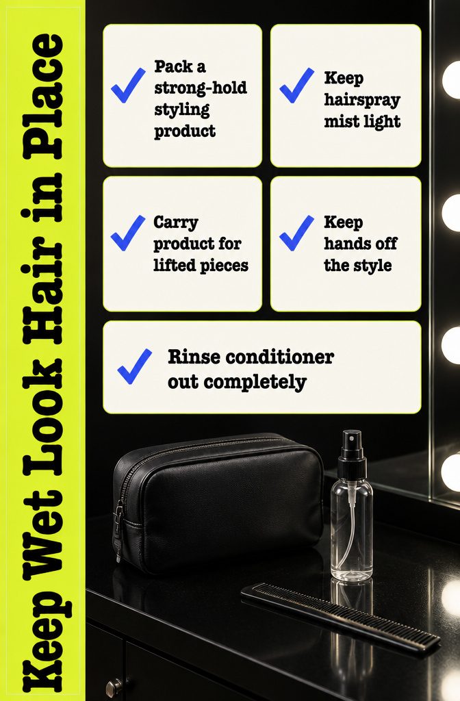 Slicked hair with styling product and hairspray nearby