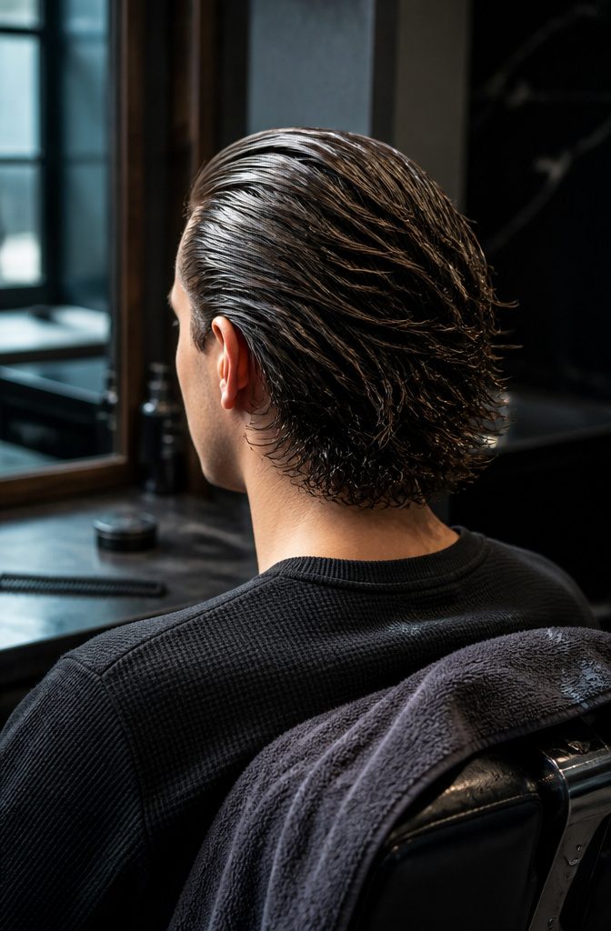 Men's slicked-back wet-look hair with a smooth front and loose back