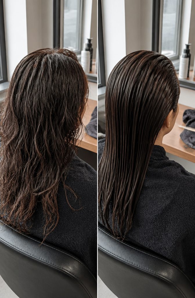 Slicked-back hair with a soft glossy finish from styling oil