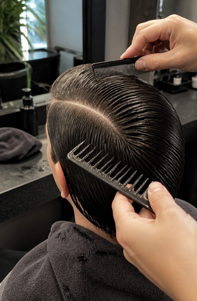 Two combs styling damp hair with gel along a deep side part
