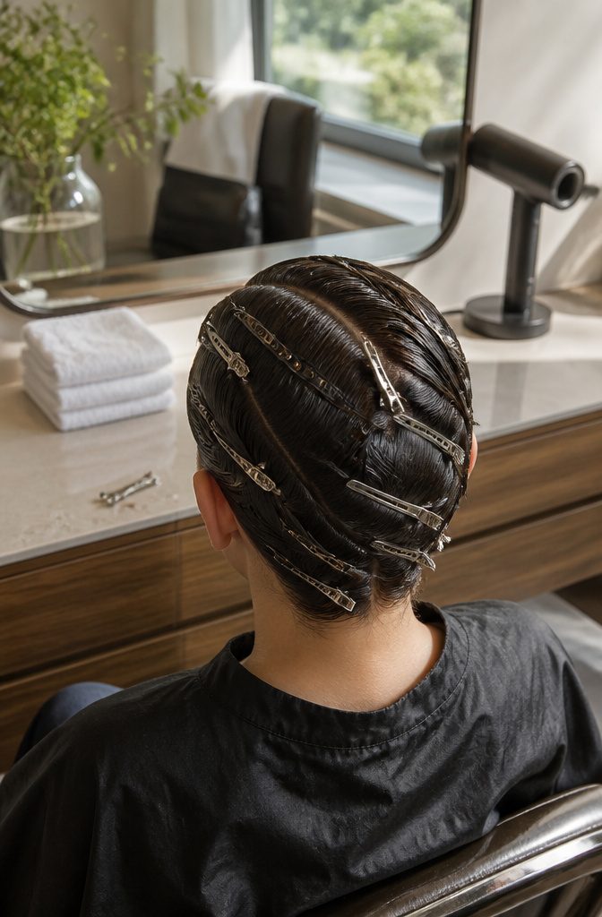 Clips securing slicked hair while hairspray is applied