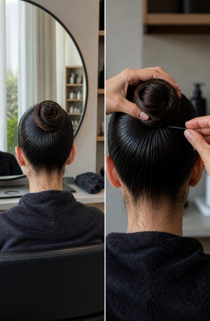 Wet-look bun secured at the back with smooth hair around it