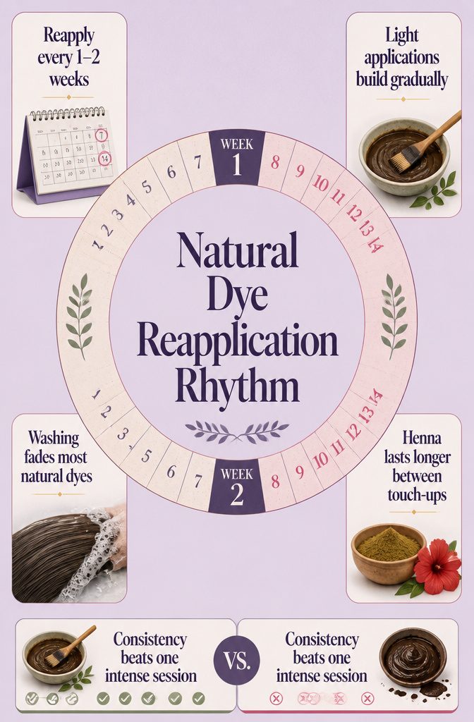Natural dye bowl brush gloves and herbs arranged for hair coloring