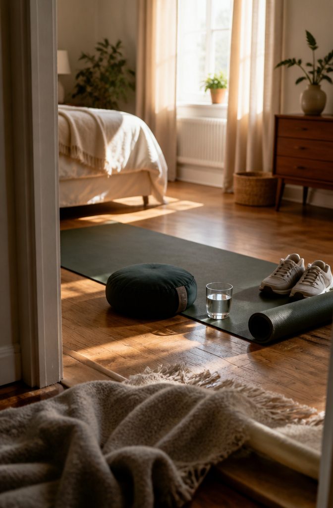 Walking shoes water glass meditation cushion and folded exercise mat