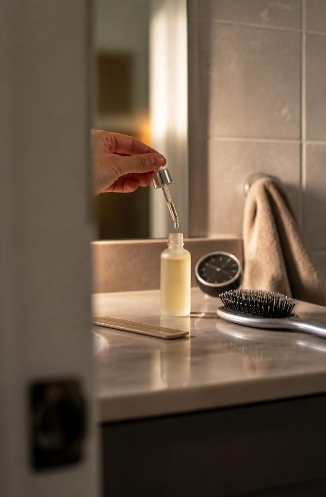 Gray hair serum bottle beside a small comb and treatment instructions