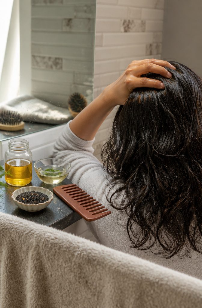 Amla oil curry leaf coconut oil black sesame and comb beside scalp massage