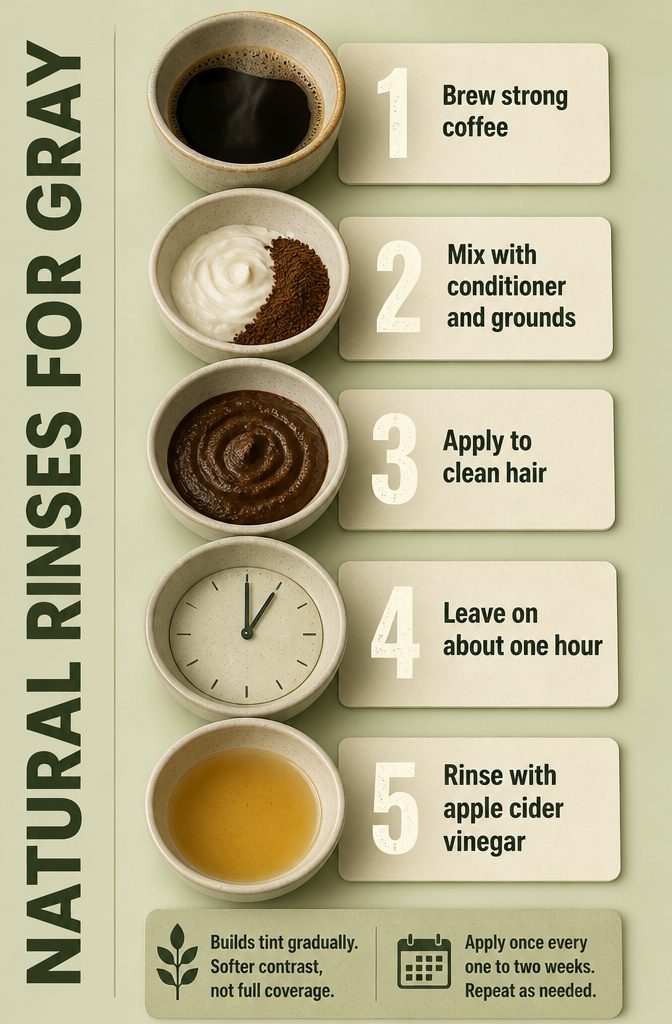 Coffee tea herbs and kitchen ingredients for natural hair rinses