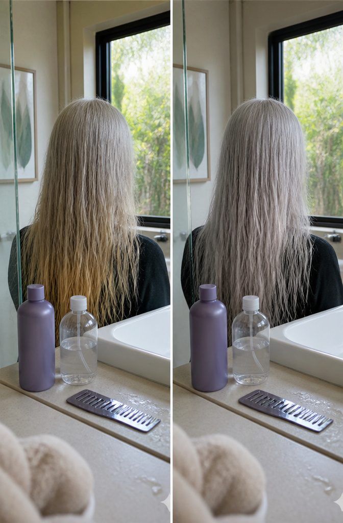 Purple shampoo and clear color glaze beside white hair strands