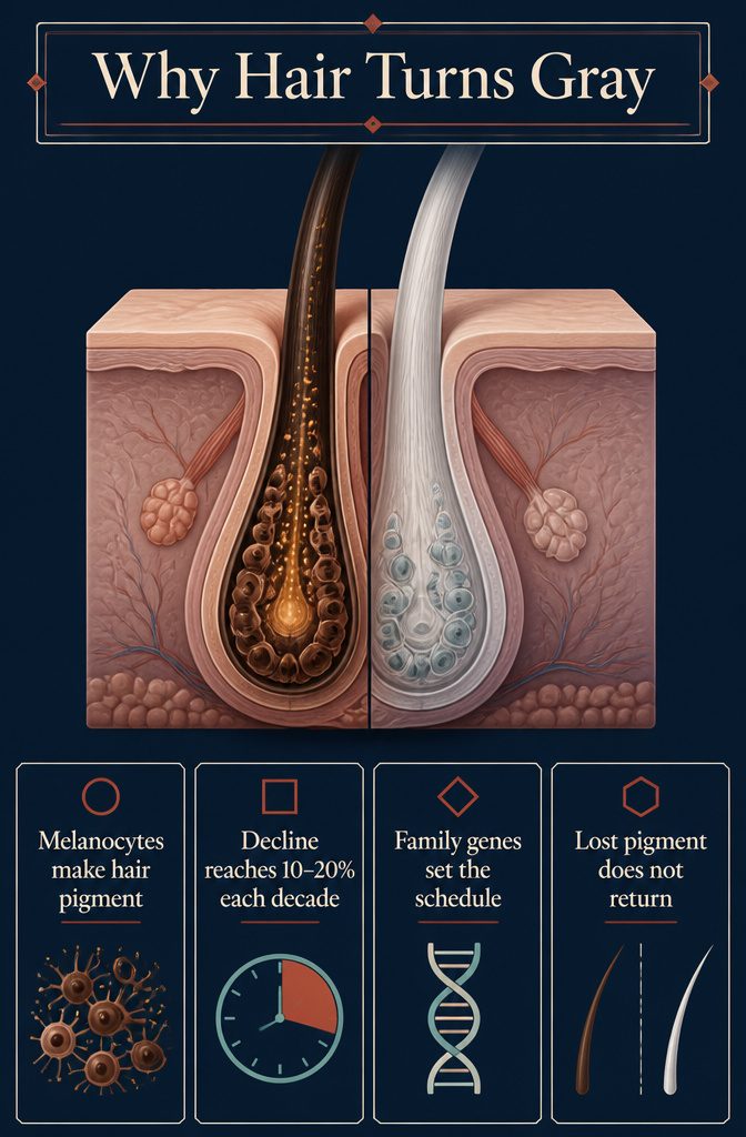 Hair follicle diagram showing melanocytes and pigment production