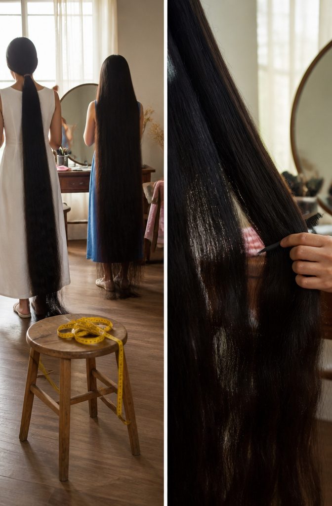 Woman with long dark hair posed for a record-length hair article