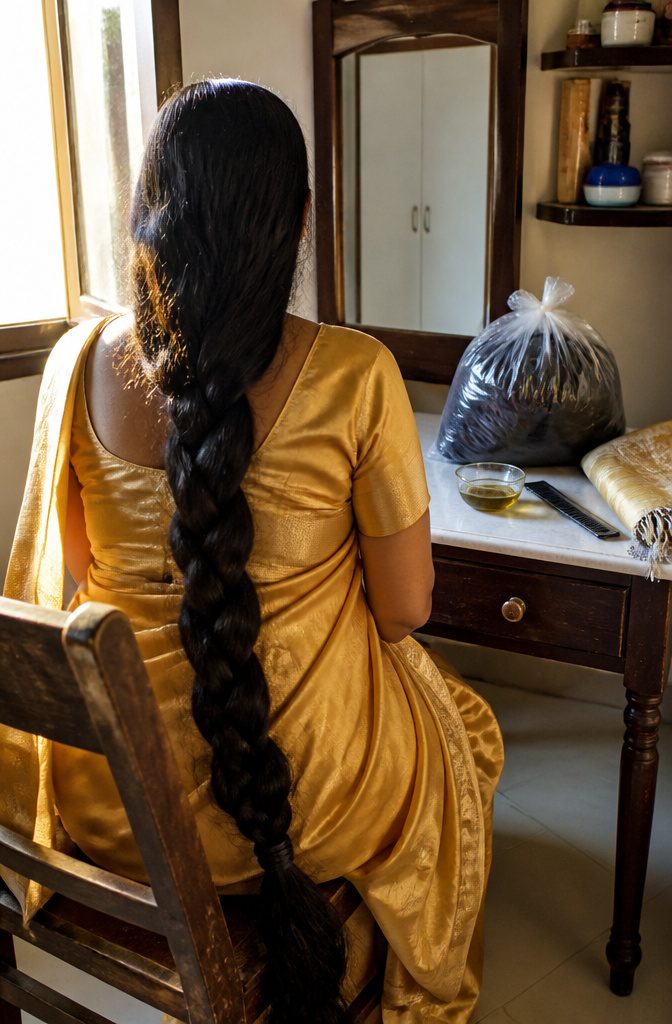 Smita Srivastava with a braid over one shoulder and saved hair in a clear bag