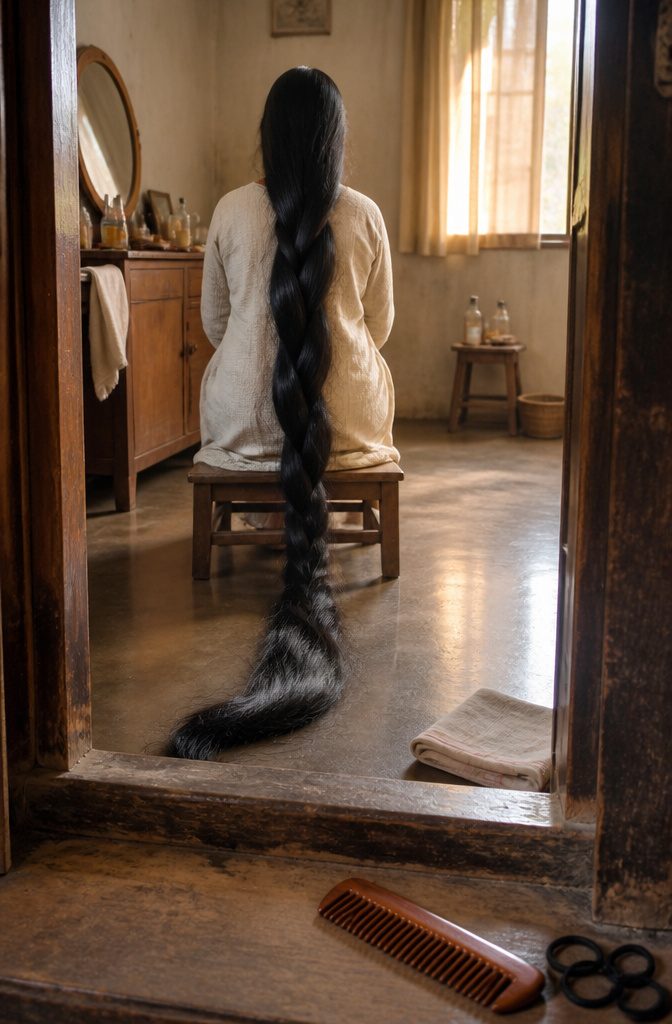 Woman seen from behind with a loose braid trailing past a low stool